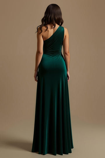 One Shoulder Velvet Dark Green Asymmetrical Holiday Dress